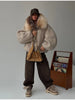 Vintage Thicken Faux Fur Woolen Jacket Women Hooded Pocket Lantern Sleeve Elastic Waist Coat Winter Female Daily Outwear