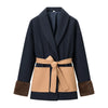 Women Color Block Short Wrap Coat Lapel Collar Waist Tie Faux Fur Cuffs Long Sleeve Loose Elegant Fall Winter Daily Outerwear