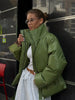 Women High Stand Collar Solid Puffer Jacket Elastic Cinched Waist Peplum Hem Zip Back Thick Padded Coat Warm Winter Street Coats