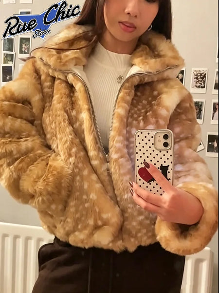 Brown Deer Print Faux Fur Coat Women Y2k Zip‑up Full Sleeves Warm Fluffy Short Jacket Winter Street Party Casual Coats