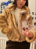 Women Chic Cropped Leopard Faux Fur Coat Contrast Black Fur Collar Cuff Button Short Furry Coats Lady Winter Chic Streetwear