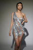 Stock Sparkly Rhinestone Sequins Tassel Mesh One Shoulder Short Dress Women Evening Birthday Party Nightclub Stage Costume