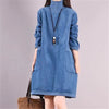 Women Autumn Winter Dress Retro Corduroy Vestidos Add Velvet High Neck Dress Mid-Length Loose Pullover Sweater Female