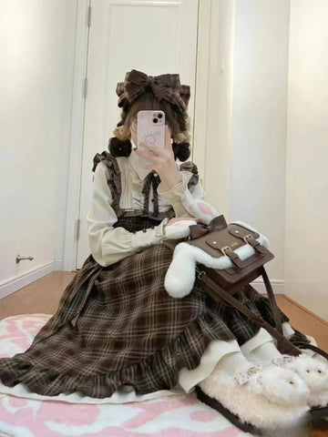 France Elegant Vintage Plaid Dress Women Design Slim Lace Up Bow Long Sleeve Dresses Female Warm Retro Patchwork Outfits