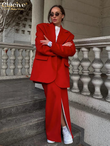 Loose Red Office Women's Two Pieces Set Elegant Long Sleeve Blazer With High Waist Slit Long Skirt Set Female