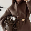 Chic Women's Solid Woolen Coat Elegant Full Sleeves Waist Tie Loose Outfit Autumn Commuting Daily Lady Street Jacket