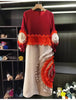 Pleated Tie Flower Long Sleeve Women's Dress Chic Loose Colorblock Patchwork Design Beading Famale Clothing 2DB6651