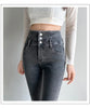 Women's High Waist Stretch Jeans Blue Black Gray and Versatile Multi-button Slim Denim Long Pants Female