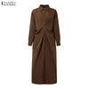 Women's Gathered Front Maxi Dresses Fall Solid Color Turn-Down Collar Long Sleeve Half Buttons Shirtdress Commuting