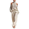 Boho Women's Two Piece Outfit Cold Shoulder Hollow Out Turtleneck Knit Sweater and High Waist Wide Leg Pants Casual Matching Set