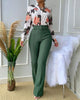 Autumn Women Elegant Outfit Set Printed Stand Collar Long Sleeve Shirt Top Straight‑leg Pants Casual Two‑piece Set