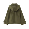 Women's Hooded Short Trench Coat in Olive Green, Brown, and Black, Double-Breasted with Pocket Details, Casual Jacket