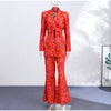 Geometric Printed Blazer Jacket Pants Sets Women Shoulder Pads V Neck Lace Up Full Sleeve Jackets Flare Pant Lady Outfit
