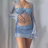 Sexy Sequined Knitted Sweater Party Dresses 3 Piece Skirt Sets Womens Outfits Flare Long Sleeve See Through Clue Wear Dress
