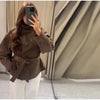 Chic Green Suede Lace Up Jackets Women Loose Stand Collar Belt Long Sleeve Buttons Coats Autumn Winter Lady Outwear