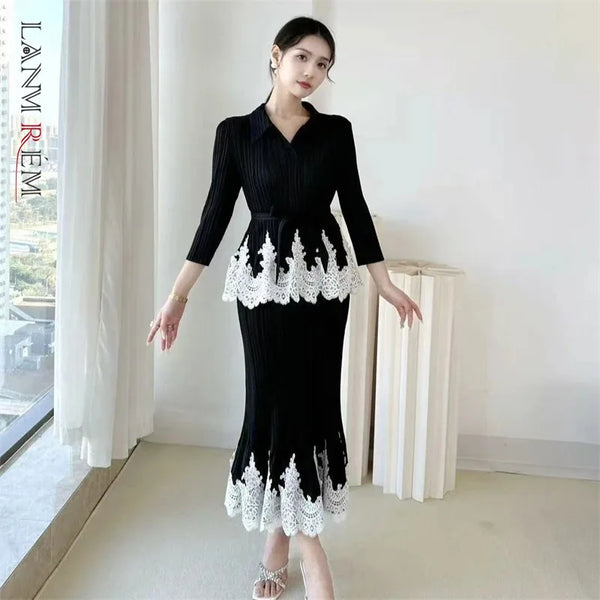Lace Spliced Design Women's Pleated Fake Two Pieces Dresses With Fishtail Hem Design Pullover Famale Clothing DB6661