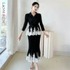 Lace Spliced Design Women's Pleated Fake Two Pieces Dresses With Fishtail Hem Design Pullover Famale Clothing DB6661