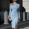 Sexy Turtleneck Off Shoulder Hollow Party Dresses Woman Spring Slid Ruched Slit Midi Dress Elegant Long Sleeve Office Lady Dress