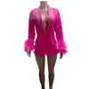 Women's Sparkle Diamond Blazers Coat Female Streetwear Long Sleeve Casual Spliced Feather Chic Suit Coats