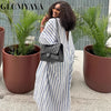 Fall Holiday Half Sleeve Striped Print V-Neck Loose Long Dress Street Africa Women Party Vestidos Dresses Vestidos