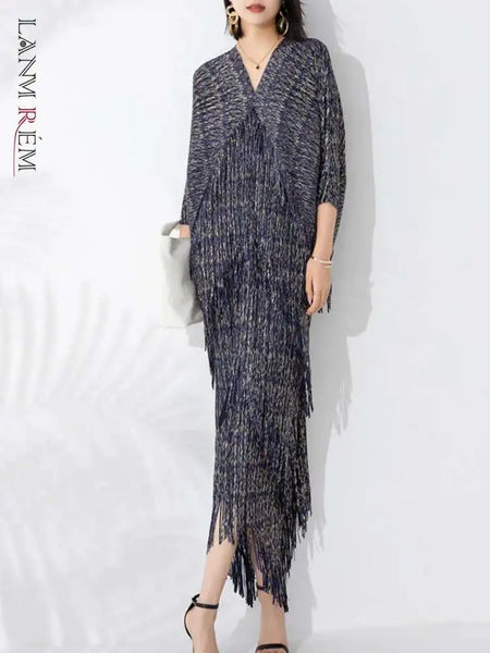 High End Pleated Maxi Dress Women V Neck Batwing Sleeves Stitching Color Tassel Elegant Dresses Ladies Clothes 2DA1641