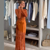 Women Maxi Dress Sexy Stand Collar Long Sleeve Hollow Out Lace Patchwork Satin Dresses Wedding Guest Party Long Gown
