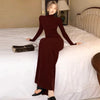 Spring Women Sexy Slim Fit Thin Dress Lady Comfortable High Neck Long Sleeve Dress Female Chic Evening Wine Red Maxi Dress