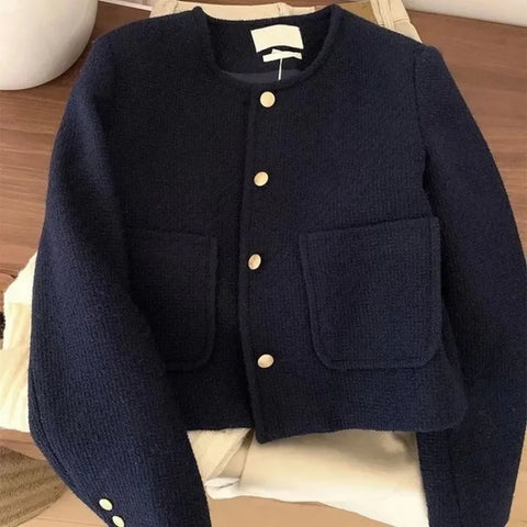 Women's Short Jacket Autumn Round Collar Elegant Female Cardigan Coat Retro Comfortable Ladies Outerwear