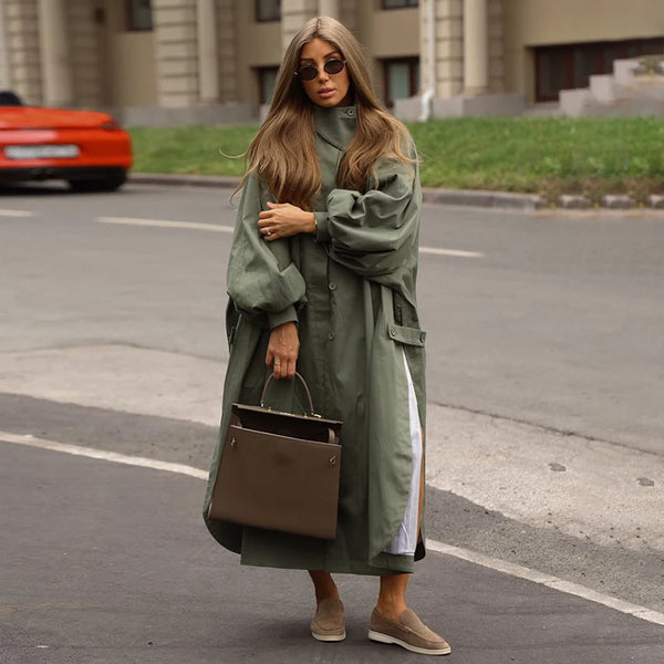 Women Loose Draped Trench Coat Stand Lantern Sleeve Side Slit Single Breasted Casual Outerwear Street Daily Ladies Chic Overcoat