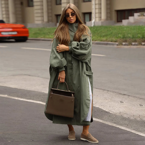Women Loose Draped Trench Coat Stand Lantern Sleeve Side Slit Single Breasted Casual Outerwear Street Daily Ladies Chic Overcoat