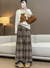 Women's High Waist Plaid Trousers Autumn Winter Korean Retro Straight Pants Loose Fit Drawstring Wide Leg Trouser Mujer