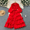High End Party Ruffles Runway Dresses Women Lantern Sleeve Lace-up Loose Stretch Celebrity Beautiful Long Dress