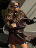Vintage Women Leather Sets Lapel Single Breasted Jacket Slim Fit Mini Skirt Retro Fashin Female Suit Lady Jacket Skirt Sets