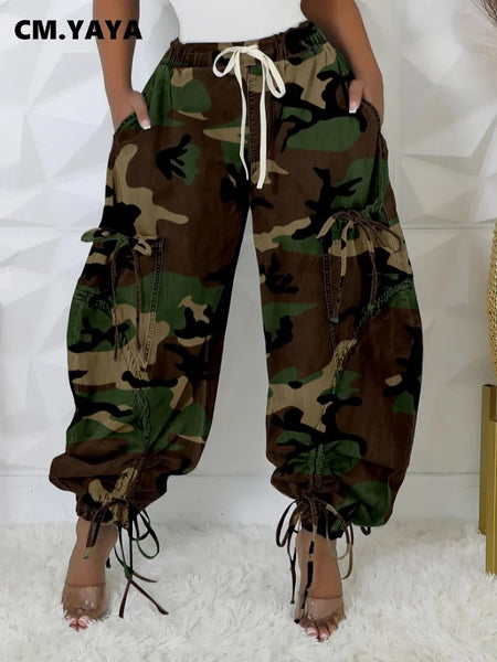 Women Streetwear Drawstring Pants Autumn Winter Camouflage Print Loose Safari Cargo Harem Hip Hop Trousers
