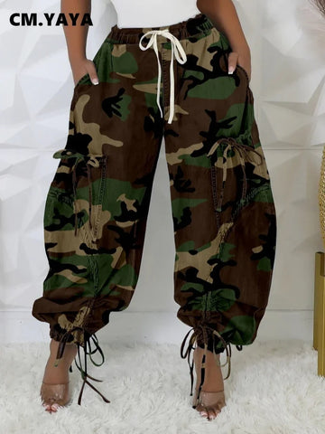 Women Streetwear Drawstring Pants Autumn Winter Camouflage Print Loose Safari Cargo Harem Hip Hop Trousers