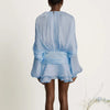 French Style Bubble Sleeve Mini Dress Woman Ruffle Solid Bright Satin Party Dress Spring Tie-up O Neck Pleated Dress