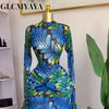 Women Full Sleeve Leaf Print Stacked Bodycon Long Dress Fall Evening Birthday Night Party Vestidos Sexy Dresses