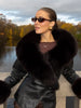 Black Fur Collar Leather Jacket Women Chic Solid Full Sleeves Waist Cinching V-neck Short Coat Lady High Street Outerwear