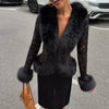 Women's Fur Patchwork Leather Jackets Furry Collar Slim Buttons Full Sleeve Female Coat Autumn Lady Street Outerwear