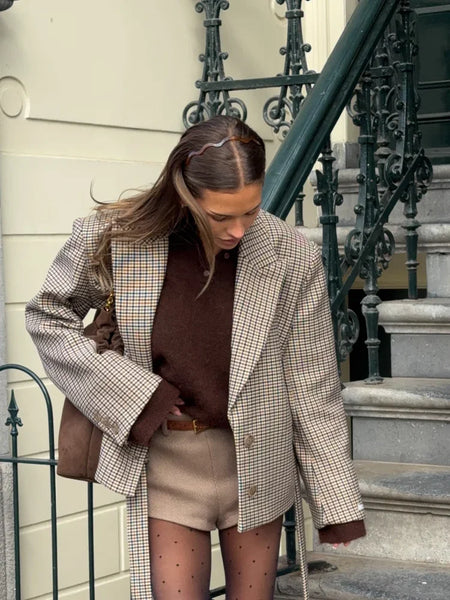 Women Checked Belt Jacket Shorts Set Retro Chic Full Sleeve Lapel Buttons Pockets Blazer Sets Lady Daily Commute Street Outfit