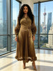 Pleated Loose Bronzing Dress Temperament Suit Collar Cranked Flower Long Dress Women's Clothing