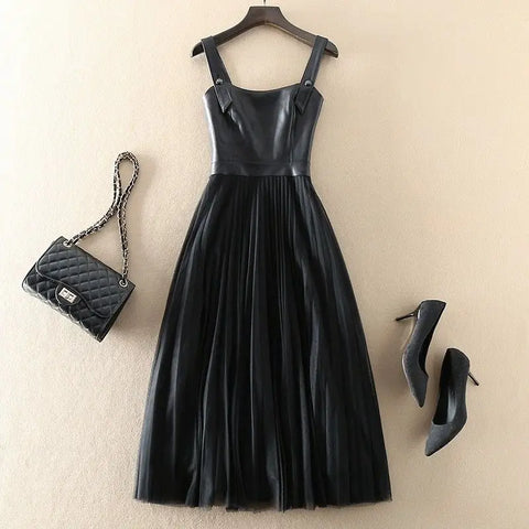 Counter square collar slim and thin suspender skirt splicing pleated mesh Hepburn style dress women clothing