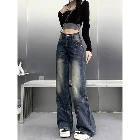 Autumn Women High Waist Straight Denim Pants Korean Aesthetic Slim Wide Leg Jeans Woman Vintage 2000S Washed Denim Trousers
