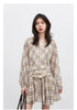 Women Dresses V Neck Loose Casual A Line Lace Up Long Sleeved Plaid Dress Puff Sleeve Spring Autumn