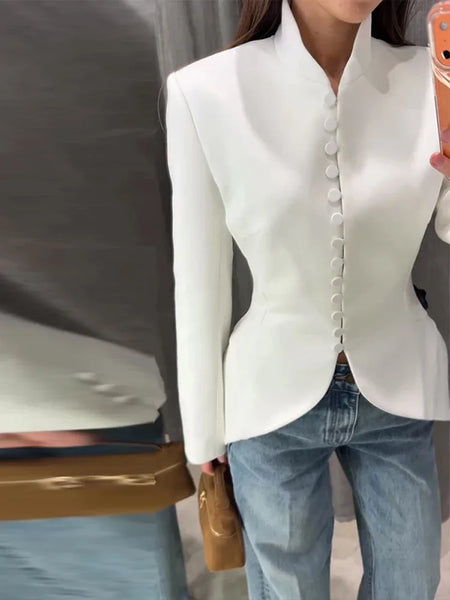 Chic Waist Cinched Women's Jacket Stand Collar Single Breasted Slim Blazer Coat Lady Spring Casual Slim Commute Outerwears