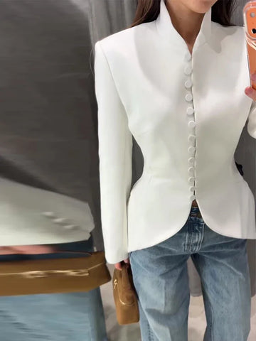 Chic Waist Cinched Women's Jacket Stand Collar Single Breasted Slim Blazer Coat Lady Spring Casual Slim Commute Outerwears