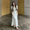 Elegant Lady V-Neck Polka Dot Dress French Ruffles Bubble Sleeve Lace Up Vestidos Temperament Waist Tight A-Line Long Robes