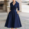 Autumn Long Sleeve Lapel Draped Slim Women Dress Ladies Clothes Solid High Waist Pocket A-Line Prom Dresses Vestido