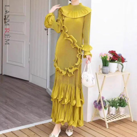 Vintage Mustard Yellow Ruffle Pleated Dress Women High Neck Long Sleeve Tiered Frill Dresses Spring 2DB7191
