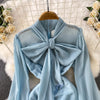 Retro Elegant V-neck ruffle lace-up pleated long sleeve A-line Casual High Waist Dress Women Autumn Dress